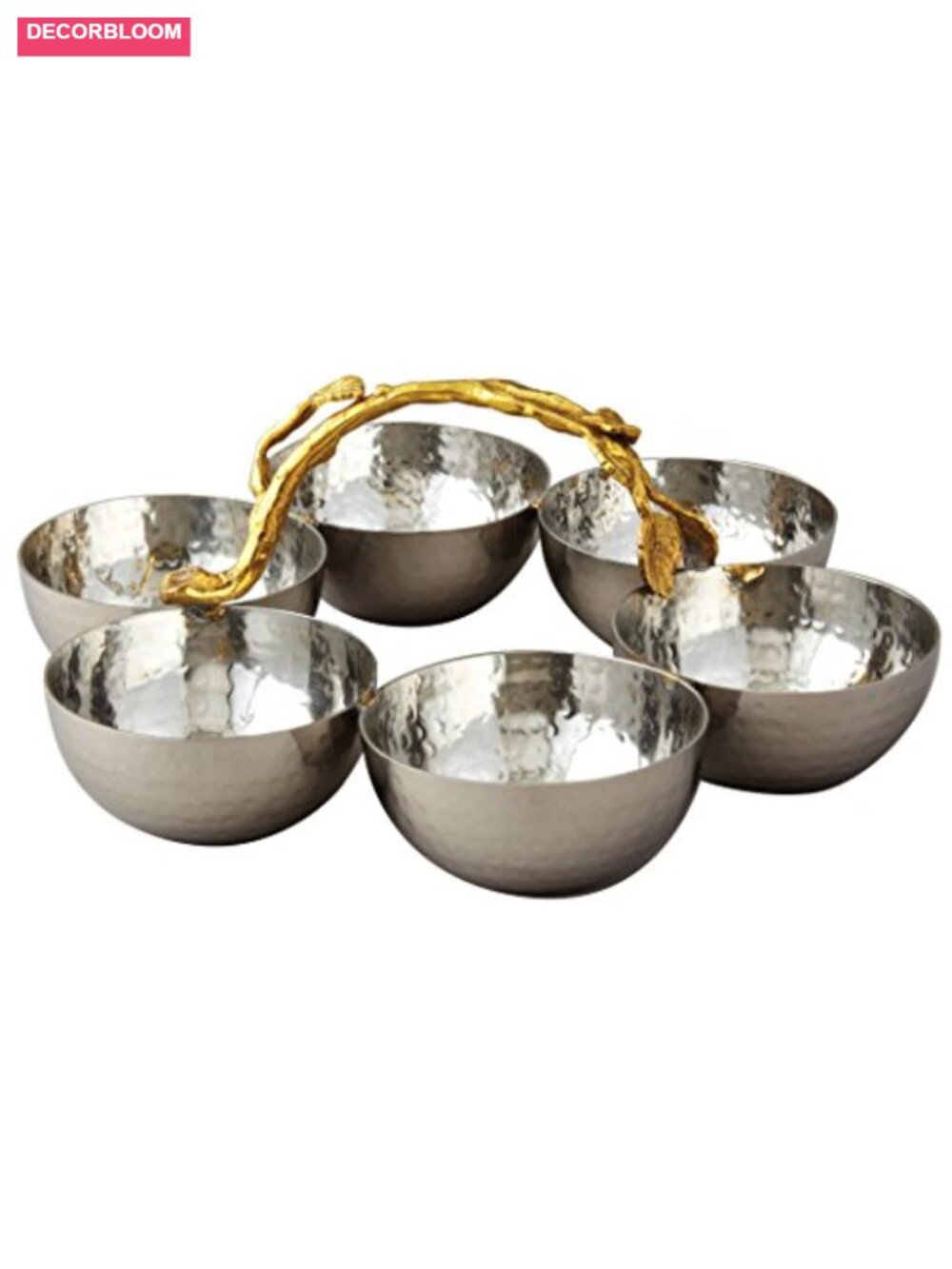 Hammered Stainless Steel 6 Bowl Server with Golden Vine Handle, Multi Server